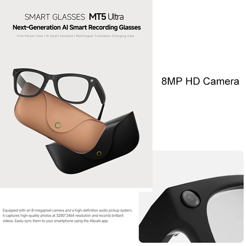 AI Smart Glasses NEW MT5 Ultra Real-time Translation Glasses 800W Pixel Camera Photo Video Recording Smart Wearable Devices IP65