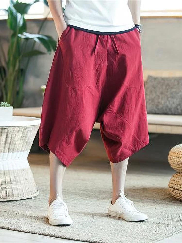 Summer Thin Beach Cotton Linen Casual Shorts Men Japenese Wide Leg Baggy Capris Pants Male Sport Running Shorts 2025 New