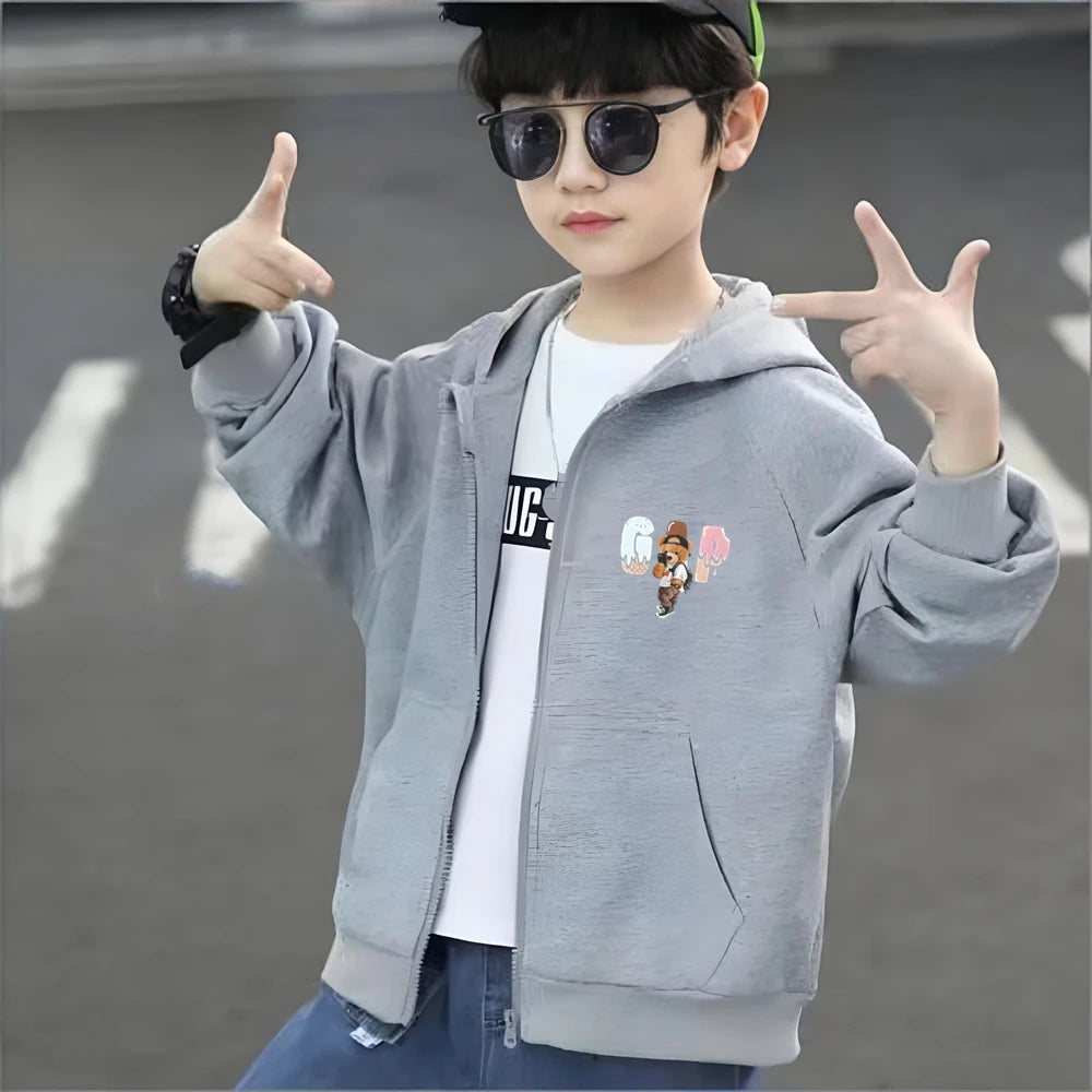 Fashion Bear clothing print Kid 3-12 Year Hoodie Zip Up Hoodies cardigan Tops Girl pink Black Coat autumn Children Purple