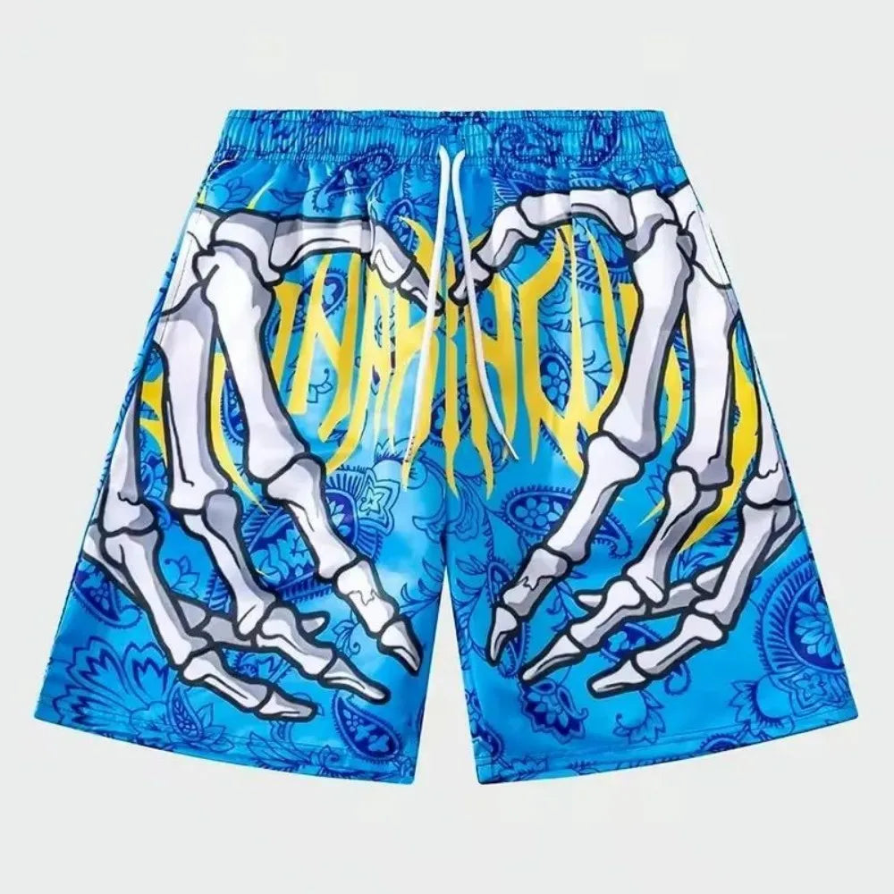 Men's Summer Skeleton Hand Element Printed Quick Drying Breathable Shorts Suitable for Outdoor Casual Wear