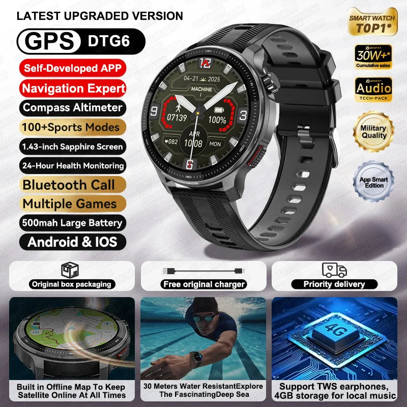 NEW 4GB GPS Offline Maps Smart Watch Men TWS Music Video Player 3D Menu Styles Compass Voice Call Sports Waterproof Bracelet Men