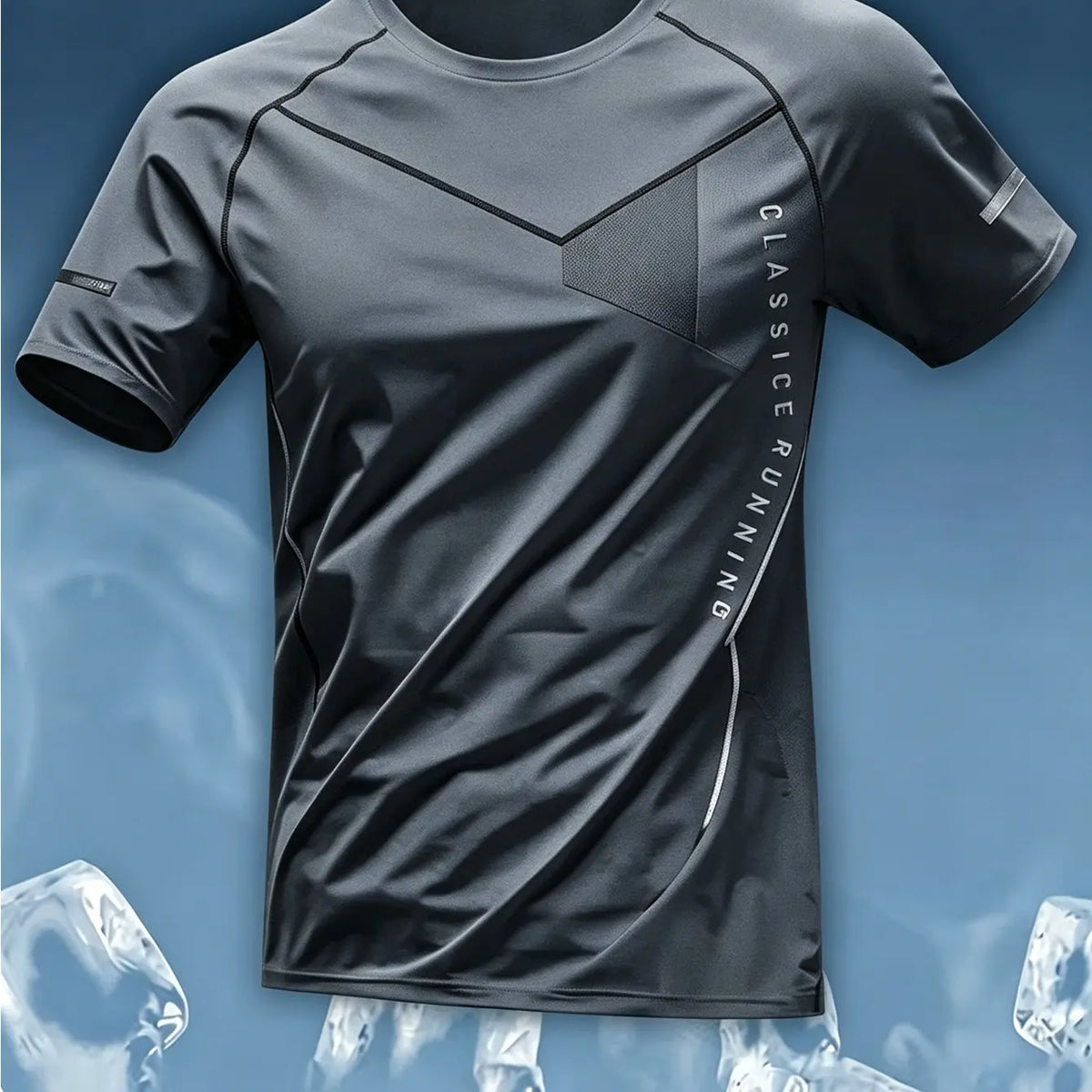 Men Sports Tee High Elastic Quick Dry Breathable Light Blue Geometric Letter Print Running Fitness Training Top