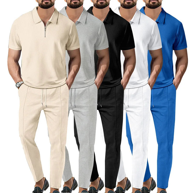 Autumn New European and American Men's Solid Color Casual Comfort Set, Pants, Short Sleeves, Zipper Set