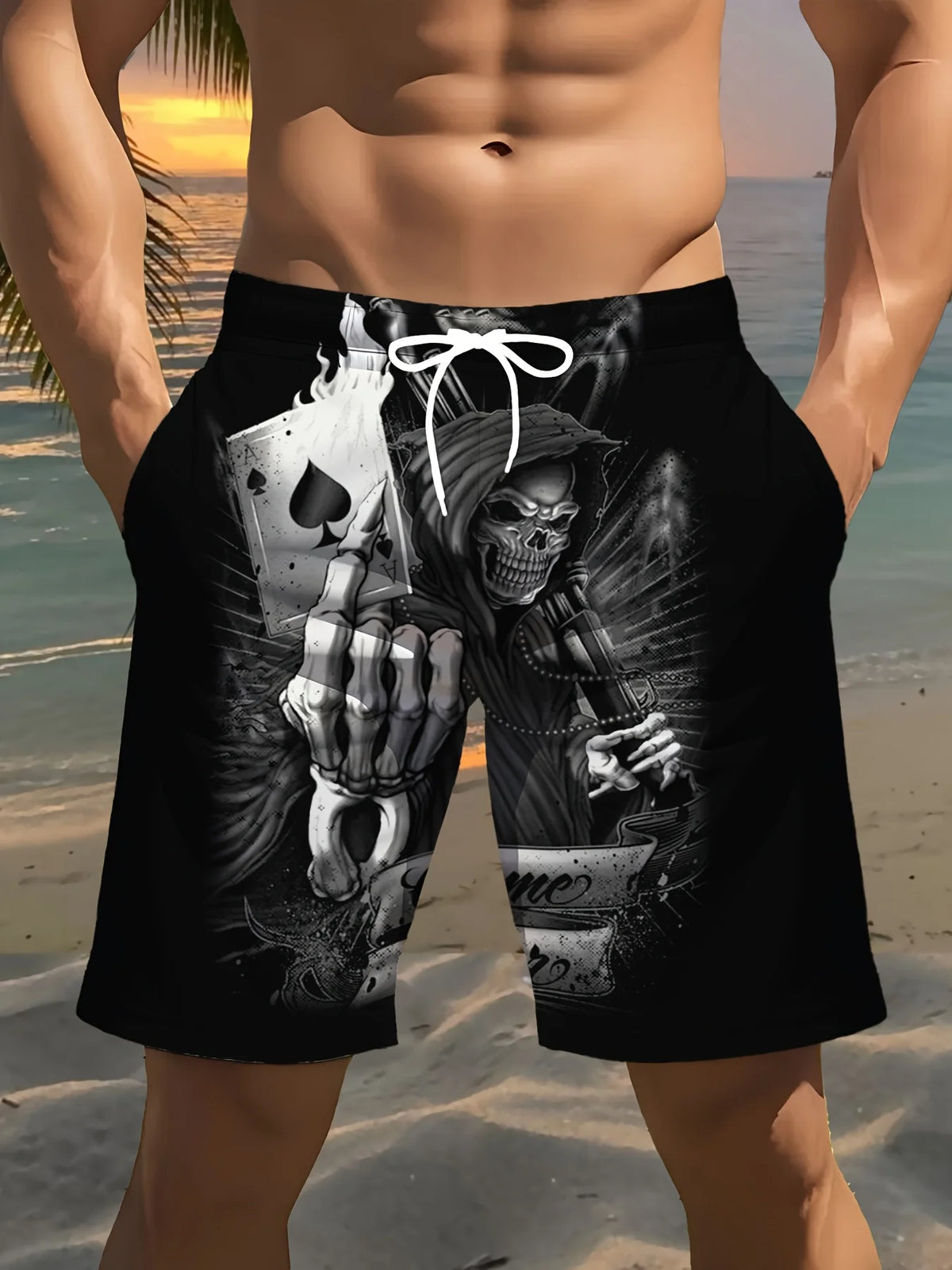 Men's Fashion Skull Man Pattern Digital 3D Printing Men's Casual Drawstring Shorts with Pockets Suitable for Summer Leisure