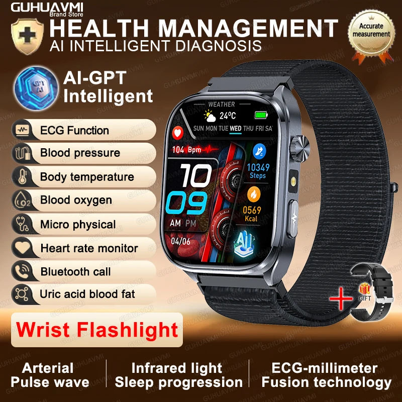New Accurate Blood Pressure Smart Watch Uric Acid ECG+PPG Blood Oxygen Body Analysis Body Fat LED Flashlight smart watches 2025