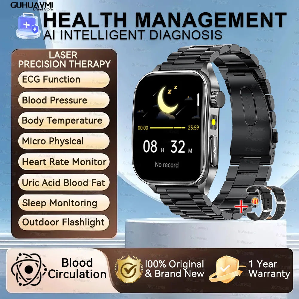 Health Managed Non-Invasive Laser Physiotherapy Smart Watch Blood Pressure Uric Acid Call ECG+PPG 650nm Laser Smart Watch 2026