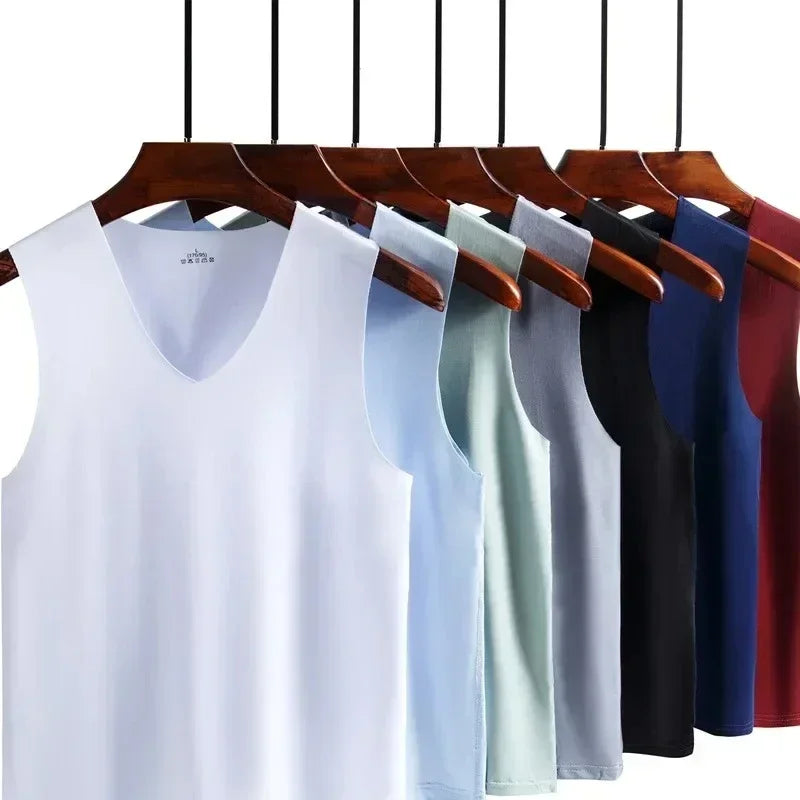 Ice Silk T-shirt Vest Men's Sports Fitness Sleeveless Undershirts Underwears Traceless Summer Slim Fit Breathable Singlet M-5XL