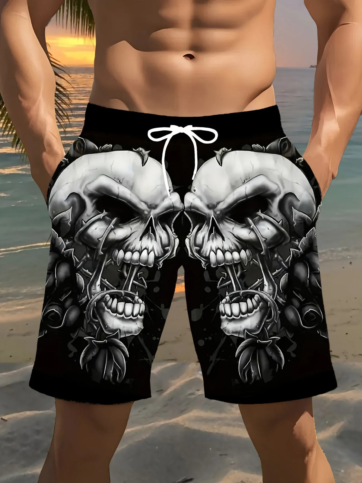 Men's Fashion Skull Man Pattern Digital 3D Printing Men's Casual Drawstring Shorts with Pockets Suitable for Summer Leisure