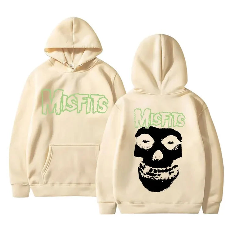 2025 Horror Punk Misfits Skull Graphic Print Hoodie Men Gothic Vintage Loose Fleece Cotton Hooded Sweatshirt Rock Style Pullover