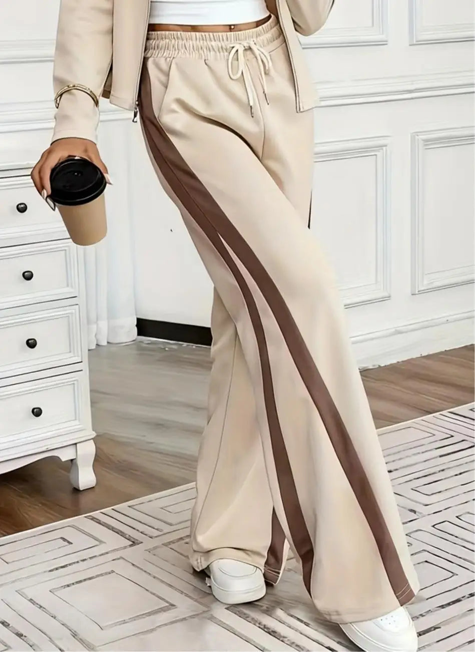 Women's Spring Long-Sleeve Zip-Up Top and Straight-Leg Pants Casual Two-Piece Set, Elegant Color-Block Hooded Drawstring Autumn Outfit