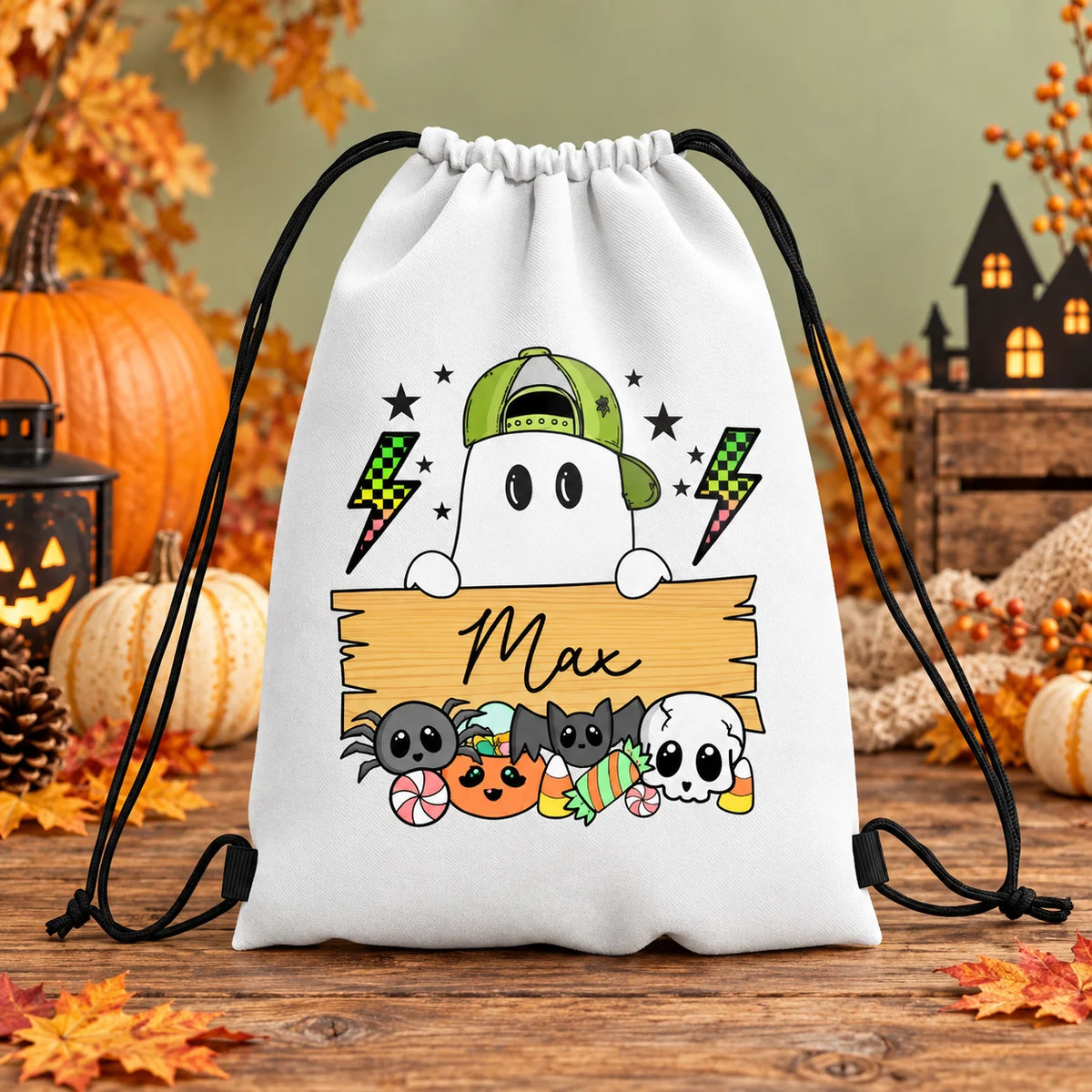 Custom Name Halloween Drawstring Backpack Cute Ghost Pumpkin Candy Bag Kids Trick Or Treat Sack Halloween Gift for Boys Girls