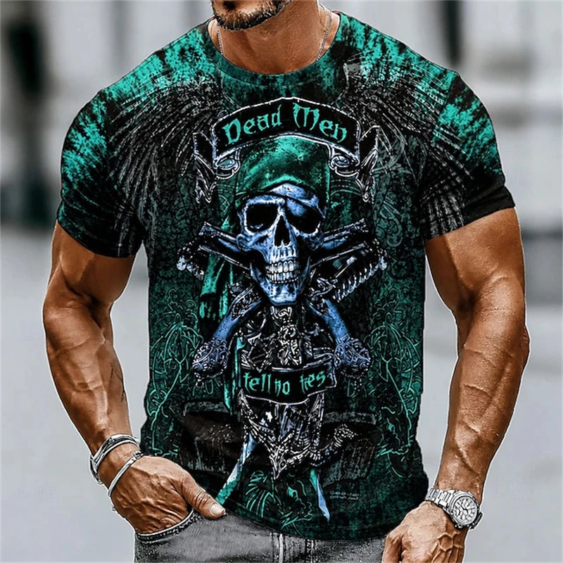 New Men's Halloween Crew-Neck Short-Sleeve T-Shirt Soldier Skull Blood Splatter Print Casual Streetwear Holiday Party Top