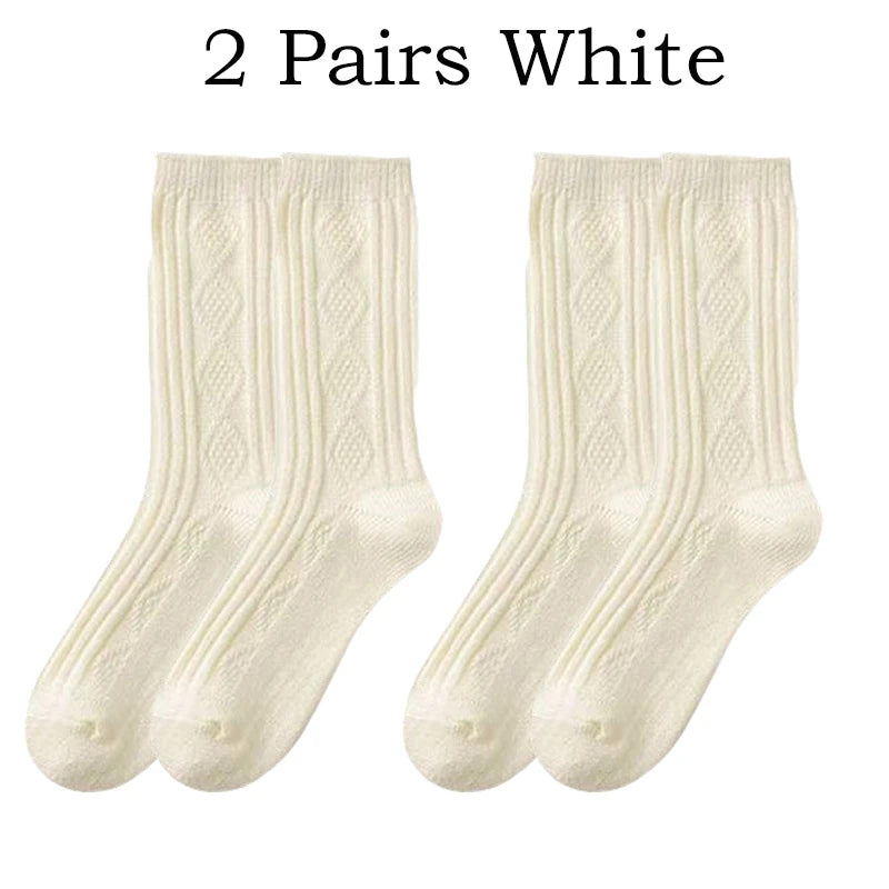 2 Pairs Cashmere Socks Wool Women's Boot Socks Diamond Check Thicken Warm Mid Tube Thermal Fashion Solid Simple Snow Socks