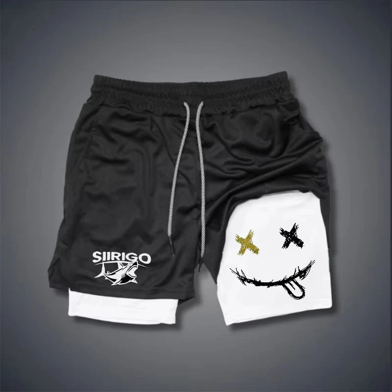 2024 Men's Smiling Face Printed Fitness Shorts Double-Layer 2-in-1 Quick Drying Fitness Outdoor Leisure Training Sports Shorts