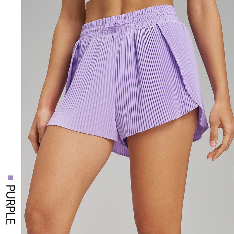 Stretch Outdoor Activities Gym Shorts for Summer Training Women's Quick Dry Sport Pleated Shorts with Hidden Pocket