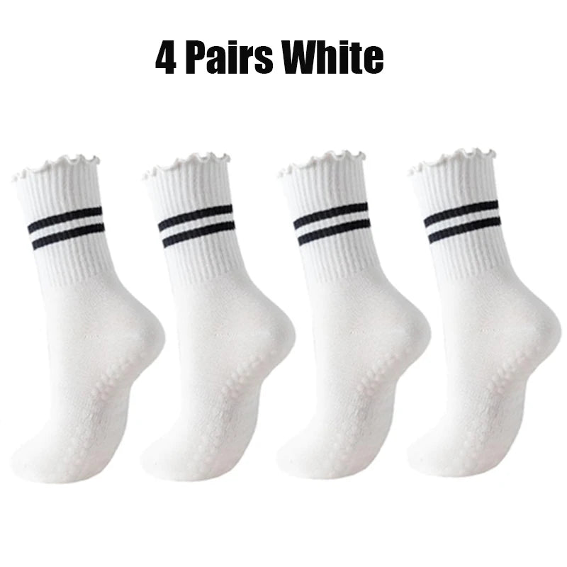 4 Pairs Yoga Socks for Women Cotton Breathable Mid Tube Anti Slip Pilates Socks Stripe Floor Sports Grip Socks
