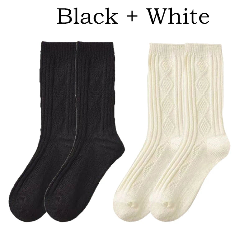 2 Pairs Cashmere Socks Wool Women's Boot Socks Diamond Check Thicken Warm Mid Tube Thermal Fashion Solid Simple Snow Socks