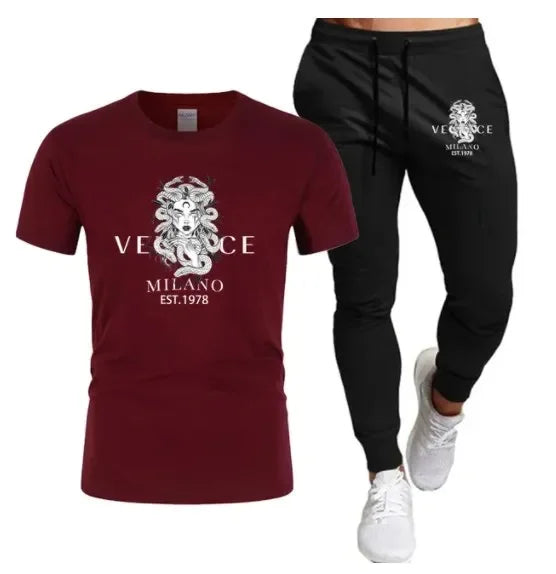 Men's Printed Fitness Tshirt and Pants Set, Urban Tracksuit, Men's Running Wear, Intel Suit