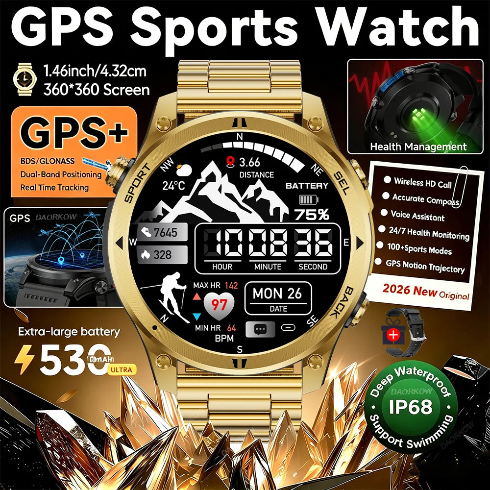 Gold Smartwatch for Men: 1.46-Inch AMOLED Screen, LED Flashlight, 560mAh Battery, 10ATM Waterproof, Bluetooth Call Smartwatch