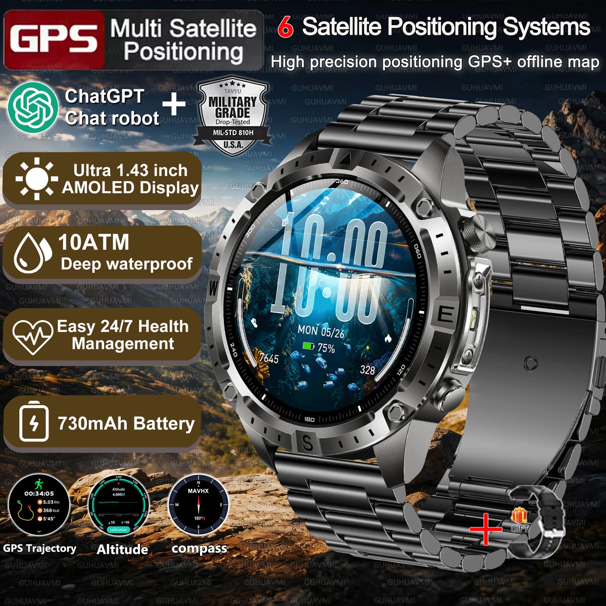 2026New Tank Grade Built in GPS SmartWatch Offline Map 10ATM Swim 2GB Music Compass Bluetooth Call Fitness Sports Smartwatch Men
