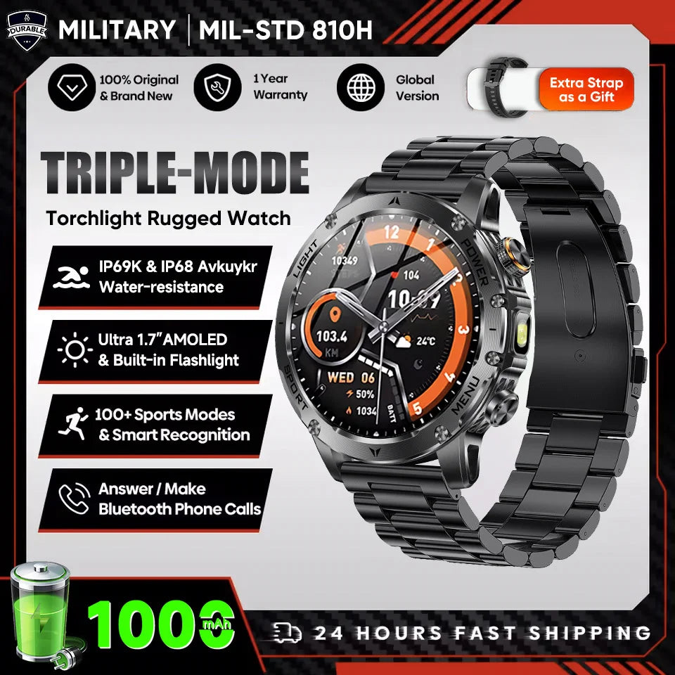 New Outdoor Original Men Sports Smart Watch 1000mAh Big Battery GPS 10ATM Waterproof Bluetooth Call Flashlight Adult Smartwatch