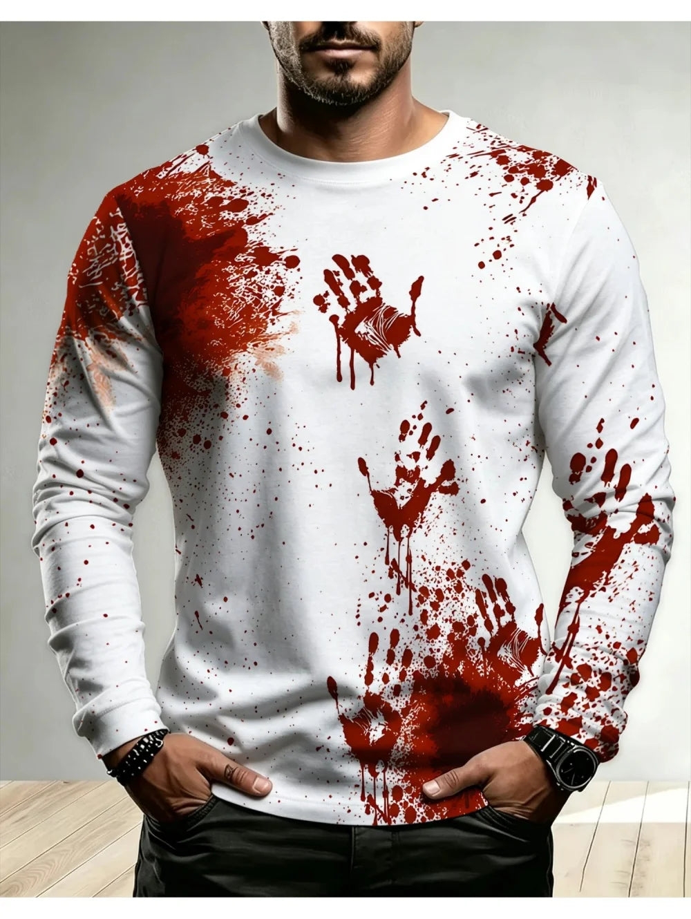 Problem Solved Bloody 3D Printed Men's T-Shirts Fashion for Men Horror Halloween Long Sleeve Tops O-Neck T-Shirt Mens Clothing