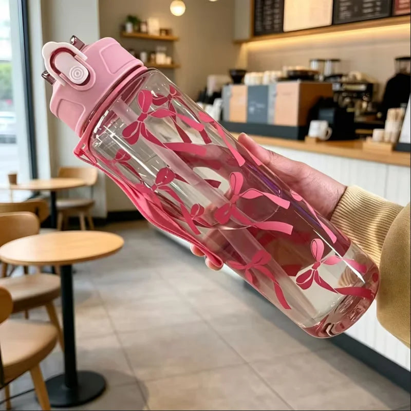 750ML Floral Bow Large Capacity Water Bottle Fresh Easy High Aesthetic Straw Cup with Handle Portable Suitable for Travel