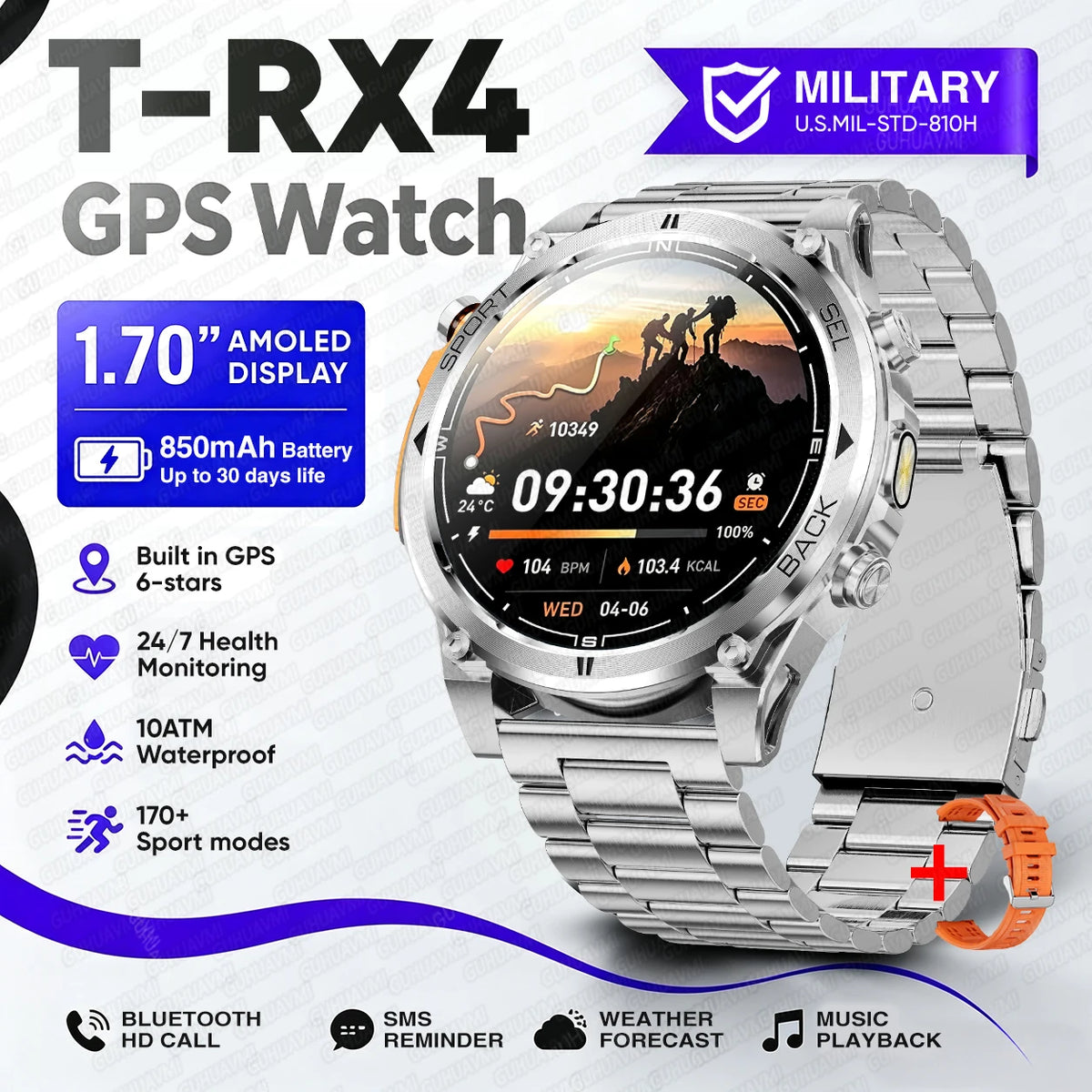 2026New Military T-RX4 Built in GPS Outdoor Smart Watch 10ATM Waterproof Compass 850mAh Battery 1.7”AMOLED Sports Fitness Clock