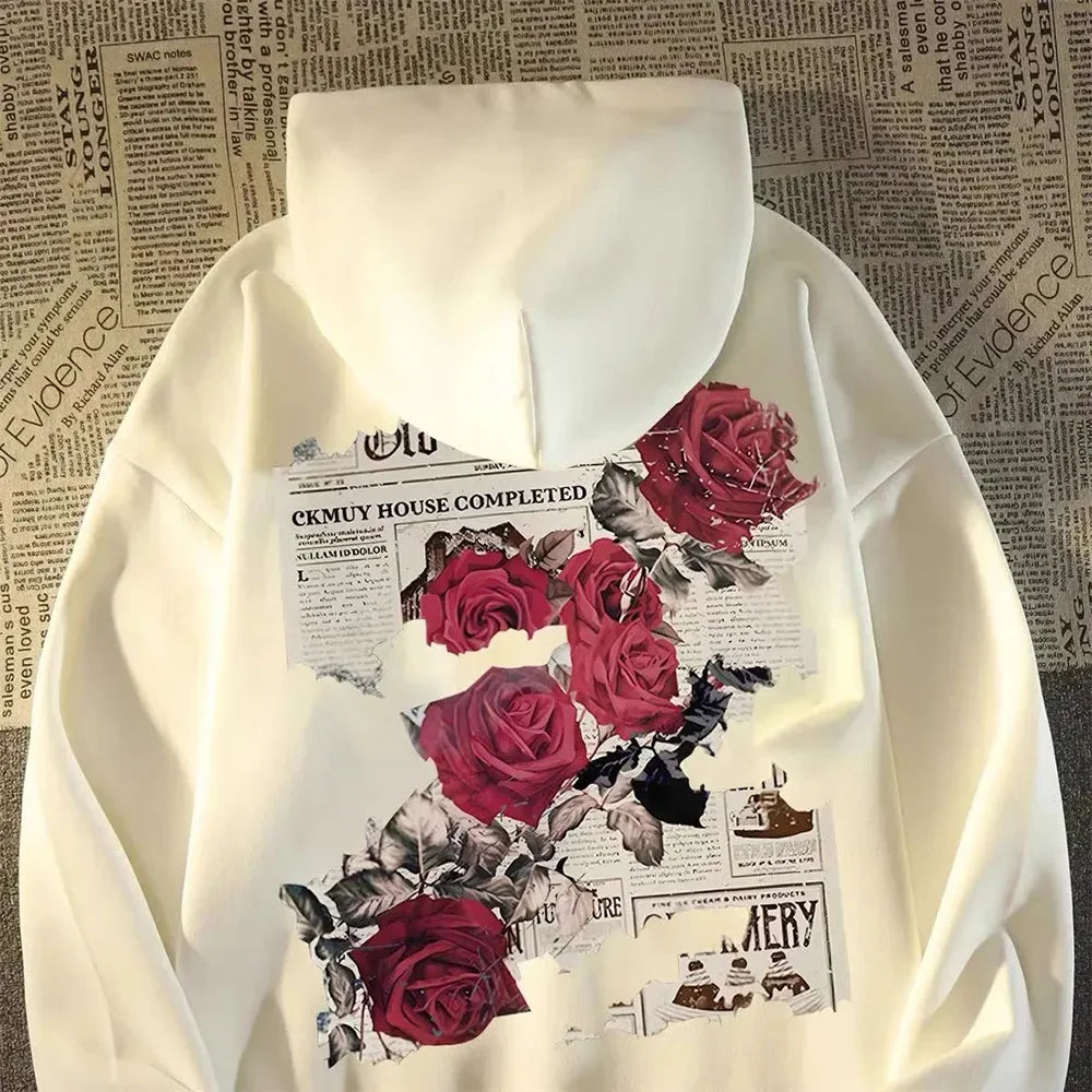 Men's graphic bright rose print cotton hooded sweatshirt American style personalized streetwear casual hooded sweatshirt