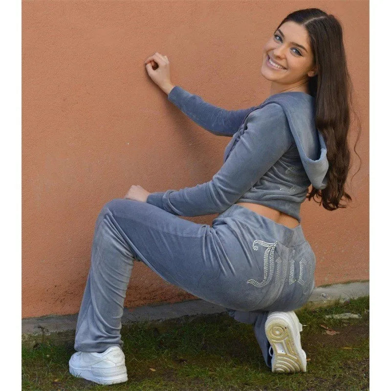 2026 New Spring And Autumn Tracksuit Women Velvet Diamond Long Sleeve Pants Hoodie Zipper Casual Two Piece Set