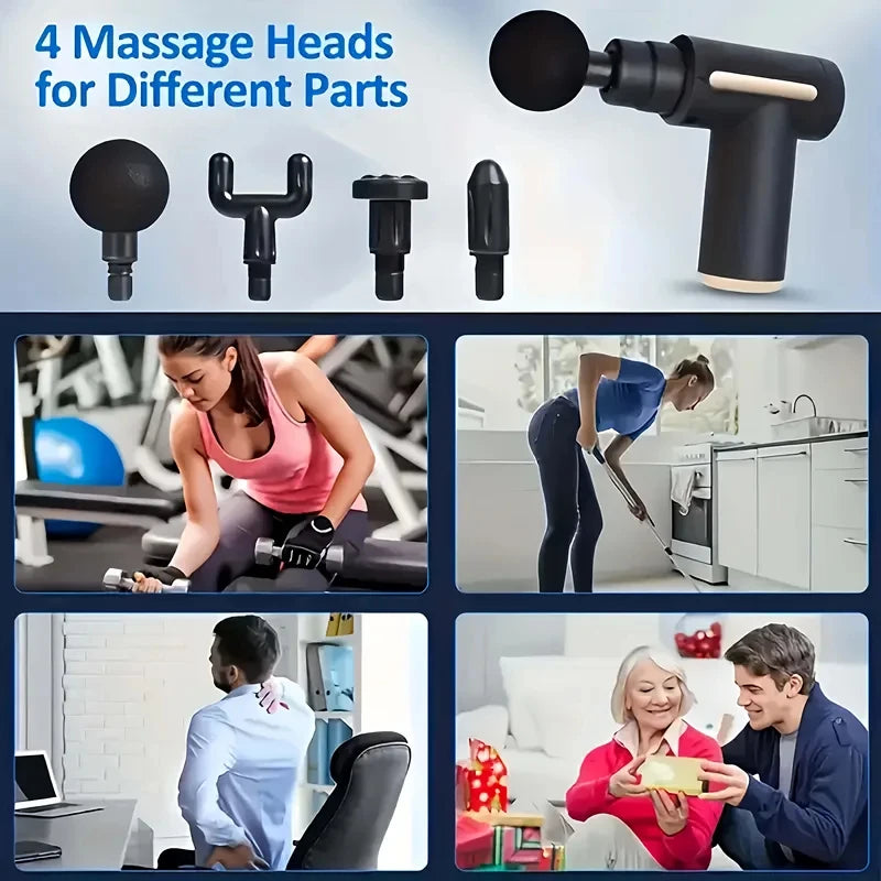 Portable Wireless Massage Gun Electric Deep Tissue Relaxer LED Screen 4 Massage Heads 1200mAh Battery for Body Pain Relief