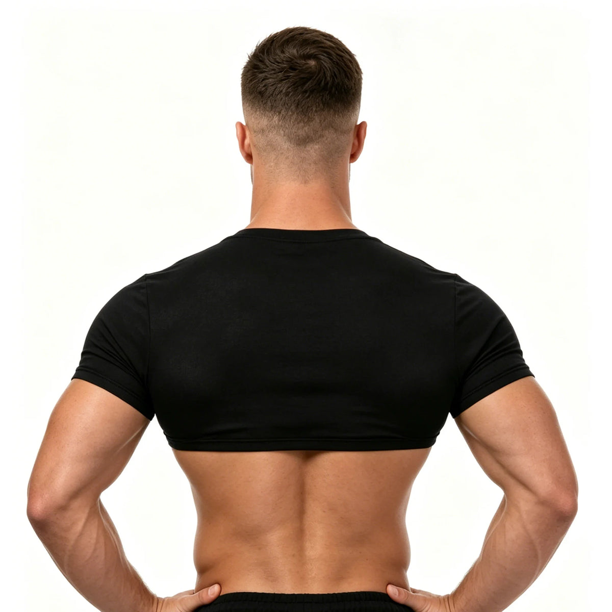 Black Crop Top Short Sleeve Men Half Tops Slim Fit Muscle Athletic Workout Gym Sport T-Shirt Training Running Cropped TShirt