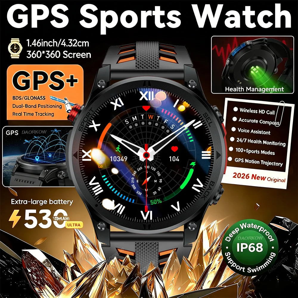 Gold Smartwatch for Men: 1.46-Inch AMOLED Screen, LED Flashlight, 560mAh Battery, 10ATM Waterproof, Bluetooth Call Smartwatch