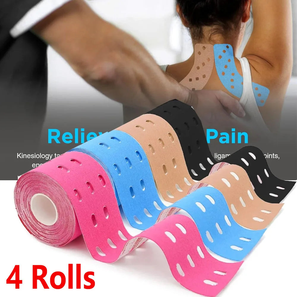 4 Rolls Perforated Kinesiology Tape for Sensitive Skin, More Breathable, Elastic Athletic Tape for Pain Relief & Muscle Support