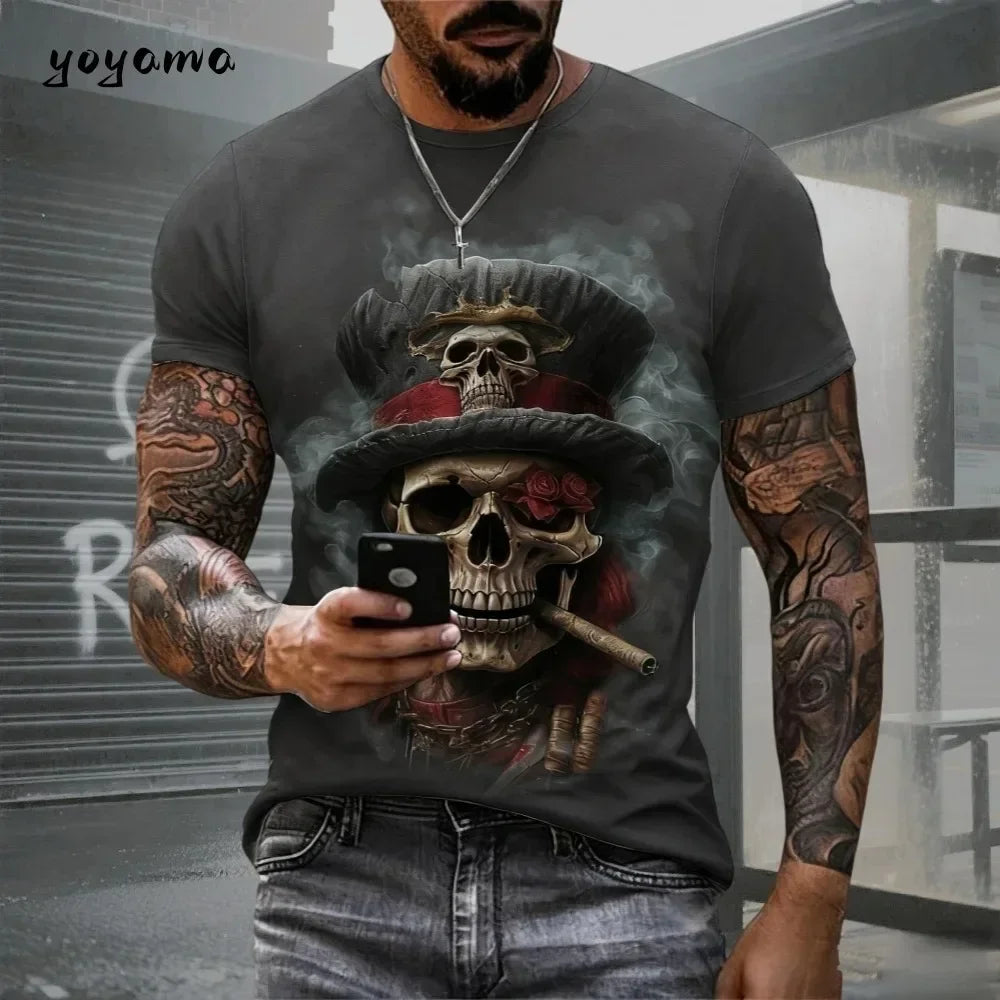 3D Horror Skull Printed T-Shirt Summer Casual Tops Vintage O-Neck Short Sleeve Daily Oversized Tshirt Street Y2k Men Clothes
