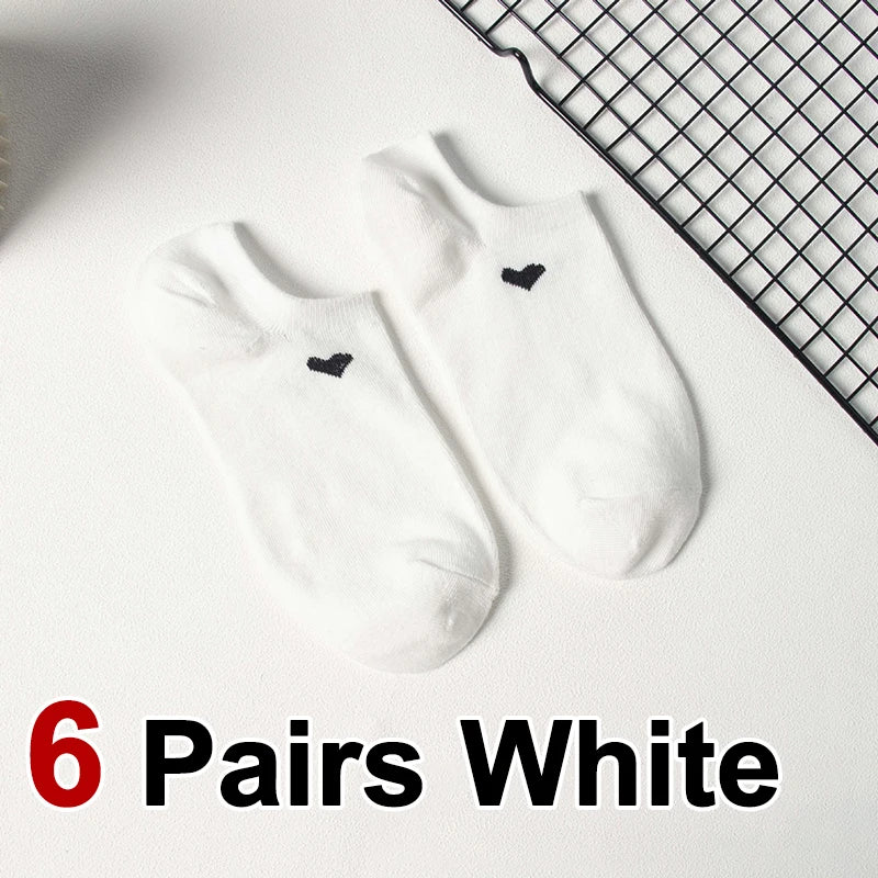 6/12 Pairs Solid Color Heart-Shaped Printed Women Short Socks Summer Breathable Soft Comfortable Simple Style Casual Socks