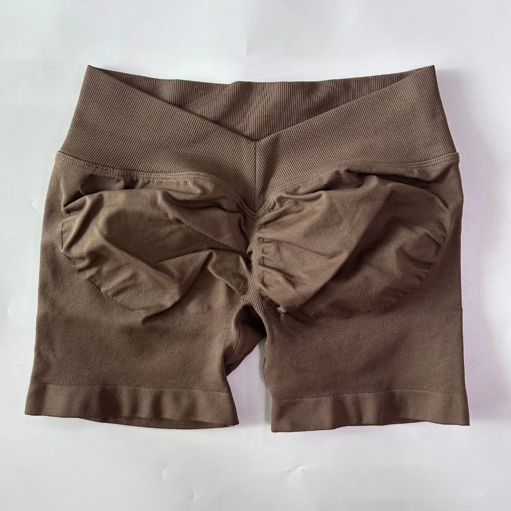 No Logo Women Back V Waist Yoga Shorts High Elastic Seamless Flex Scrunch Bum Workout Gym Shorts Yoga Booty Running Short Pants