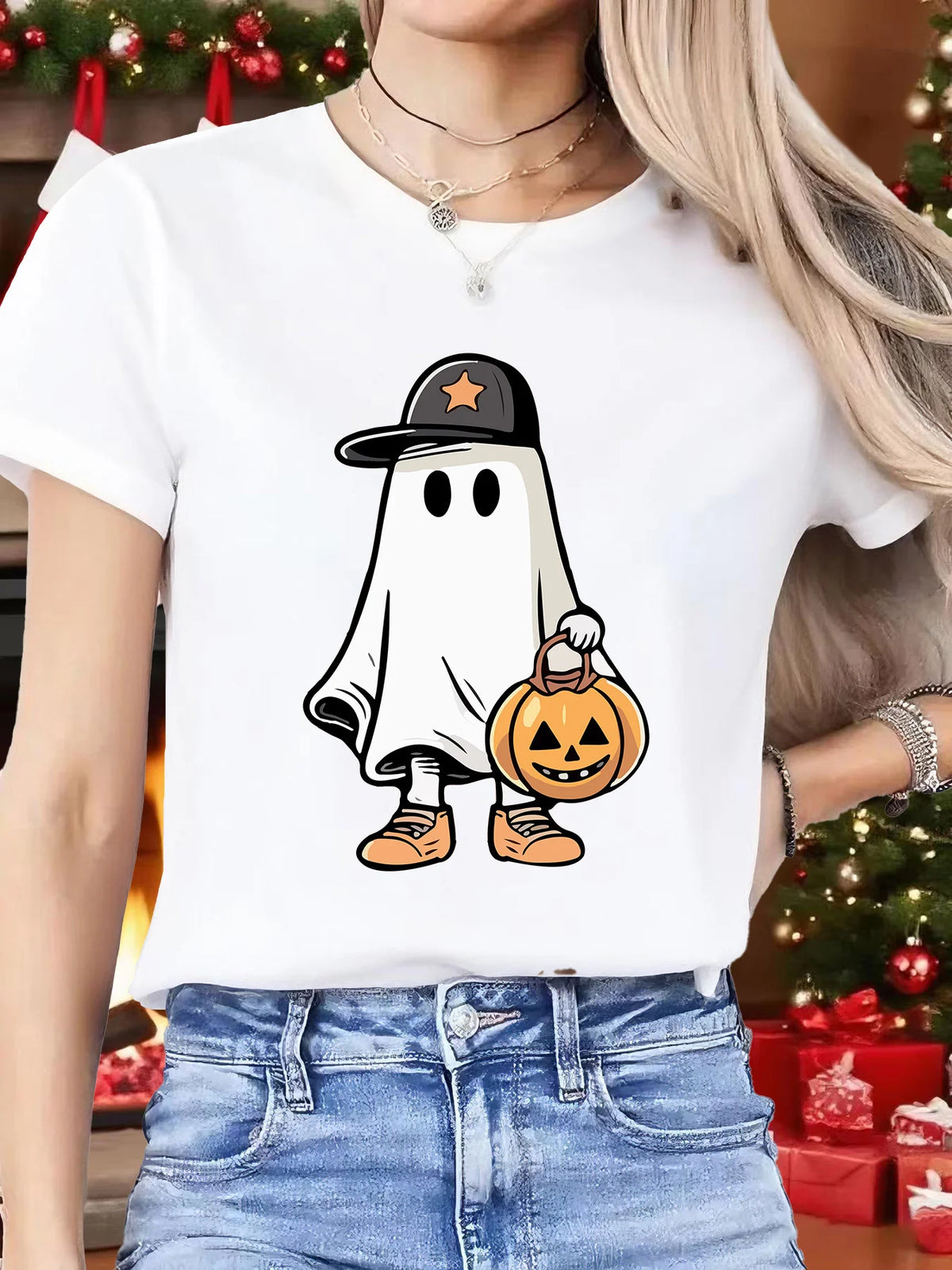 Cute Ghost Cap Pumpkin Basket Womens Crew Neck Short Sleeve T Shirt Halloween Cartoon Spooky Casual Graphic Tees For Ladies