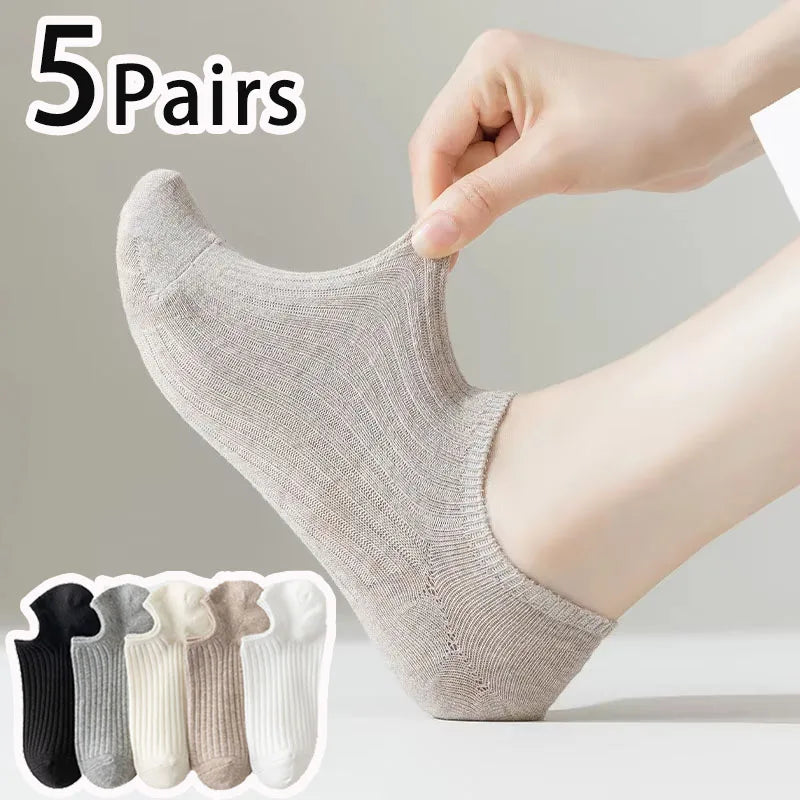 5Pairs Summer Men Women's Socks Solid Color Cotton Invisible Boat Socks Breathable Casual Low Cut No Show Socks Short Ankle Sock