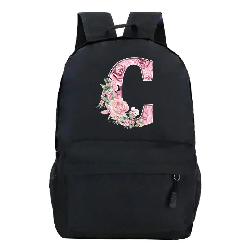 Pink Rose Alphabet Backpack Black Casual Women Aesthetics Rucksack Teenage Girl Boy Flower Letter School Bag Student Mochilas