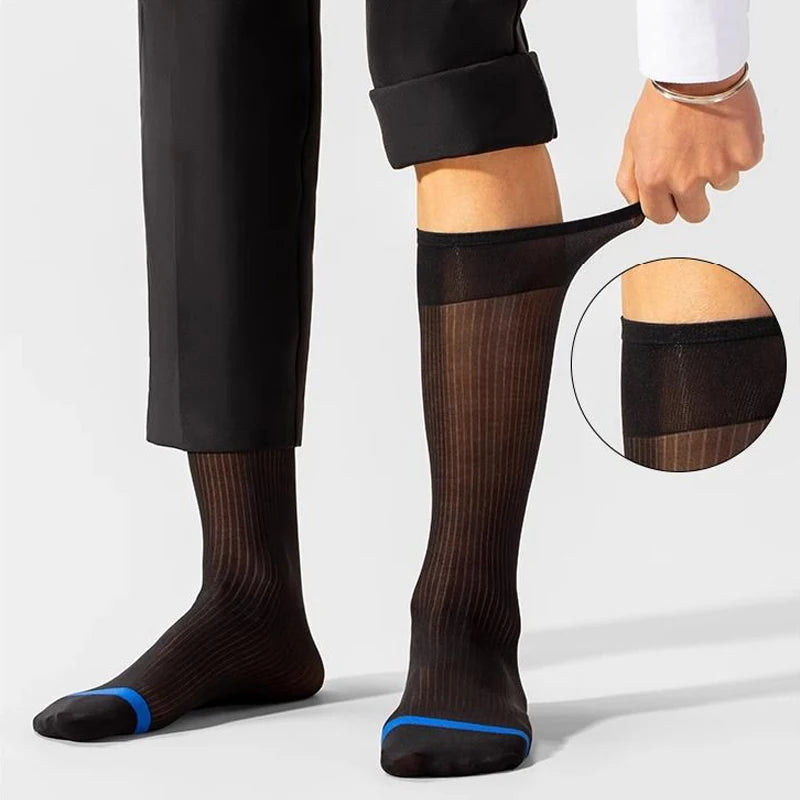 7 Pairs Man Short Silk Socks Business Thin Nylon Striped Breathable Soft Elastic Below Knee Calf Formal Wear Crew Sock Gentleman