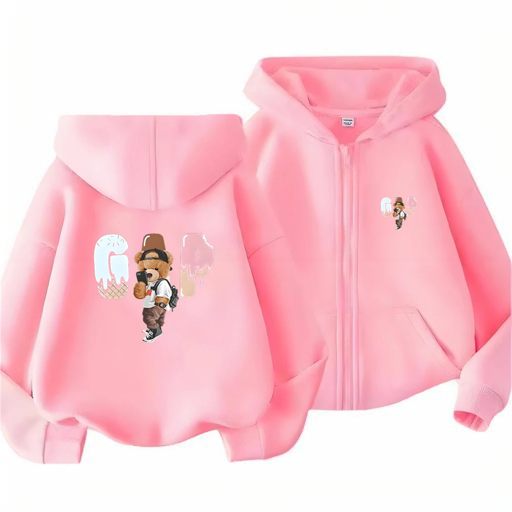 Fashion Bear clothing print Kid 3-12 Year Hoodie Zip Up Hoodies cardigan Tops Girl pink Black Coat autumn Children Purple