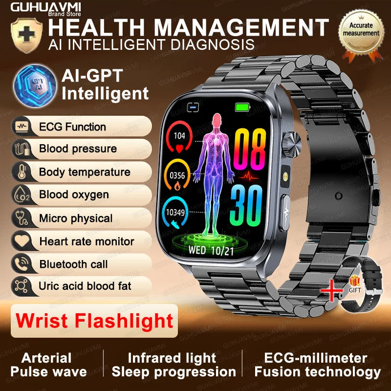 New Accurate Blood Pressure Smart Watch Uric Acid ECG+PPG Blood Oxygen Body Analysis Body Fat LED Flashlight smart watches 2025