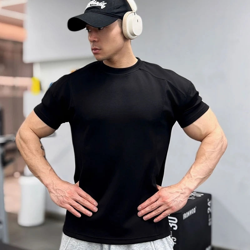 New Summer Leisure Running T-Shirt Gym Training Tops Elastic Quick Drying Pure Color Short Sleeve Sports T-Shirt Men Sportswear