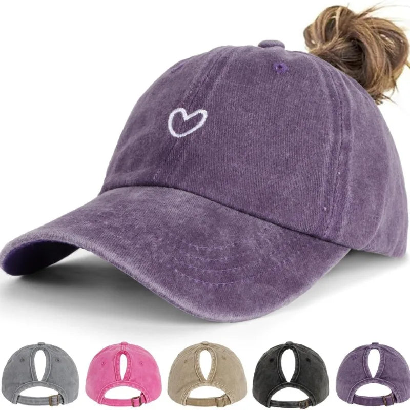 1pc Retro Washed Little Heart Embroidered Ponytail Baseball Cap for Women,Outdoor Sports Adjustable Women's Cap for Daily Wear