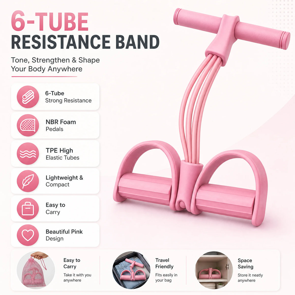 6-Tube Resistance Band Trainer Pink Sit Up Assistant Equipment Pedal Pull Rope Elastic Fitness Home Gym Leg Arm Waist Toning Exercise
