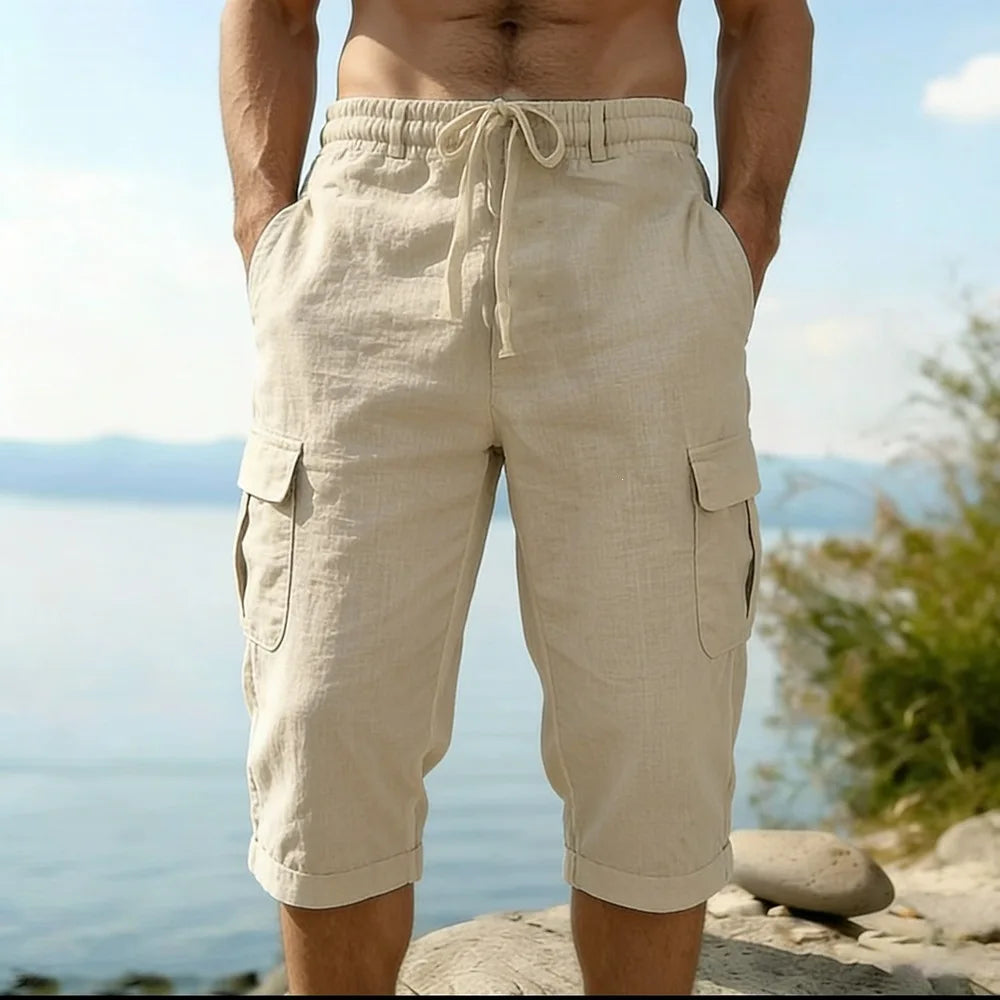 Men Summer Cotton Linen Shorts Retro Multi Pocket Loose Casual Shorts Thin Breathable Outdoor Fishing Travel Beach Short Pants