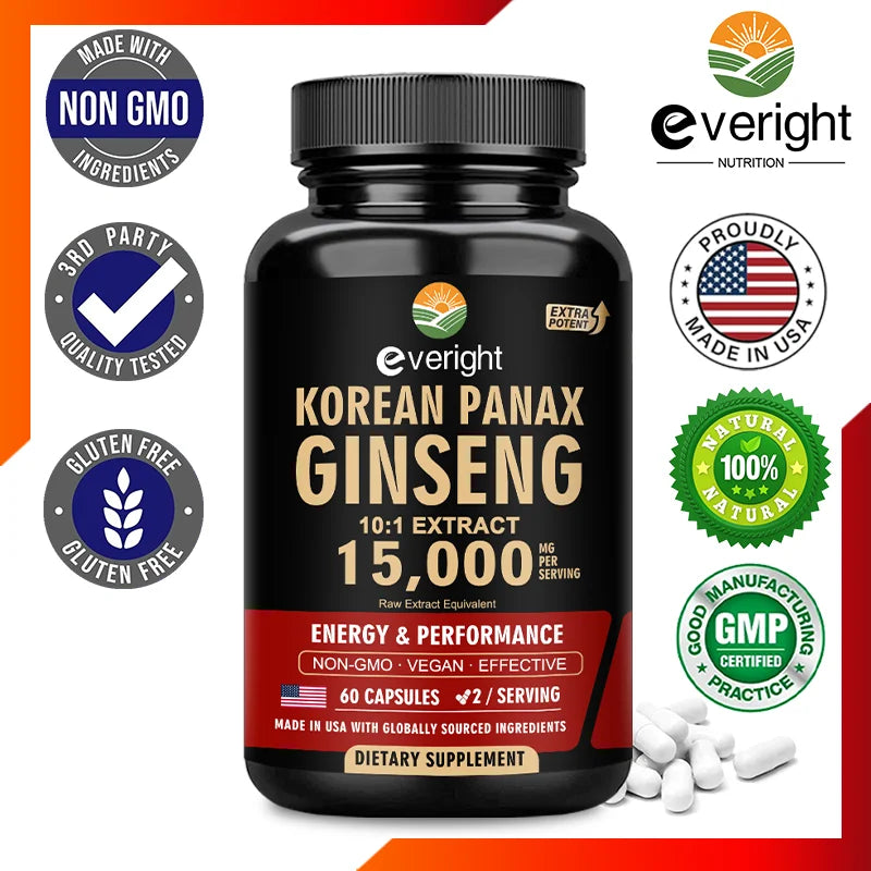 Red Korean Ginseng Supplement for Men - Extra Strength 10:1 Extract - Energy, Focus, Productivity, Performance - Natural & Vegan