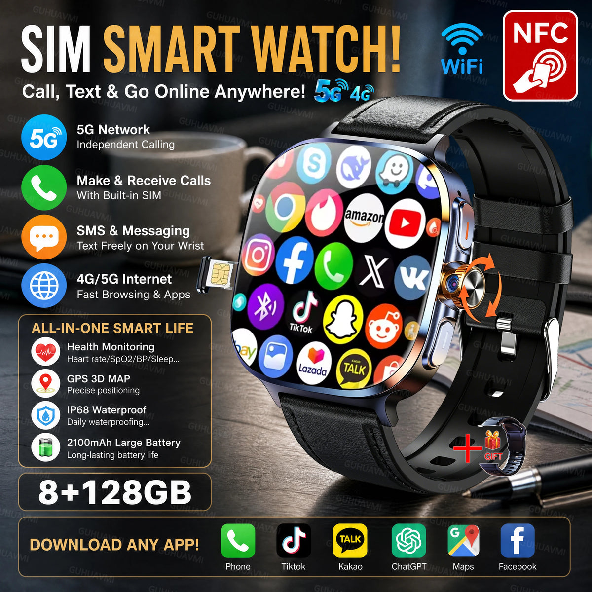 2026 New 5G/4G Smart Watch 8+128GB SIM WiFi GPS Google Maps HD Camera Video Call AI Assistant Google Play Smart Watch Men Lady