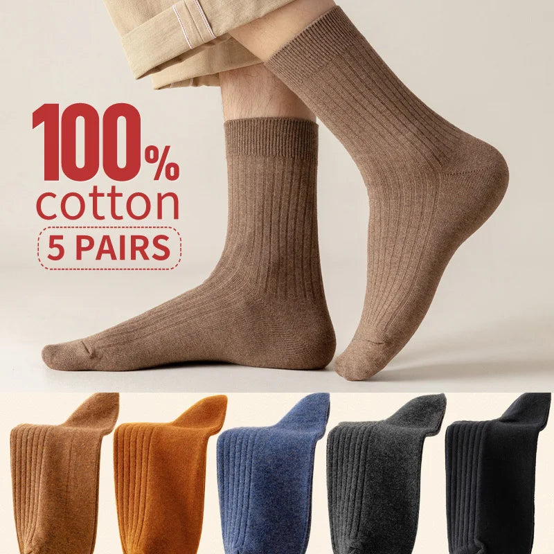 5 Pairs of 100% Cotton Socks, Men's Four Season Striped Midsole, Sweat Absorbing, Breathable Sports Cotton Socks